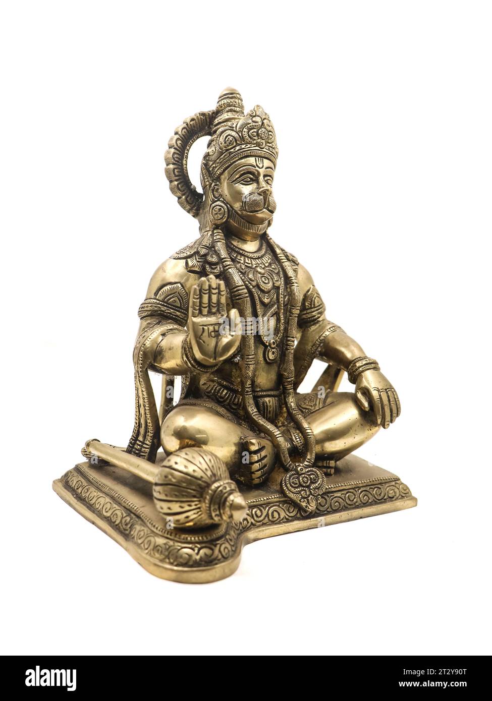Affengott Lord hanuman Statue der hinduistischen Mythologie sitzend und segnend aus goldenem Messing isoliert auf weißem Hintergrund Stockfoto Affengott Lord hanuman Statue der hinduistischen Mythologie sitzend und segnend aus goldenem Messing isoliert auf weißem Hintergrund Stockfoto