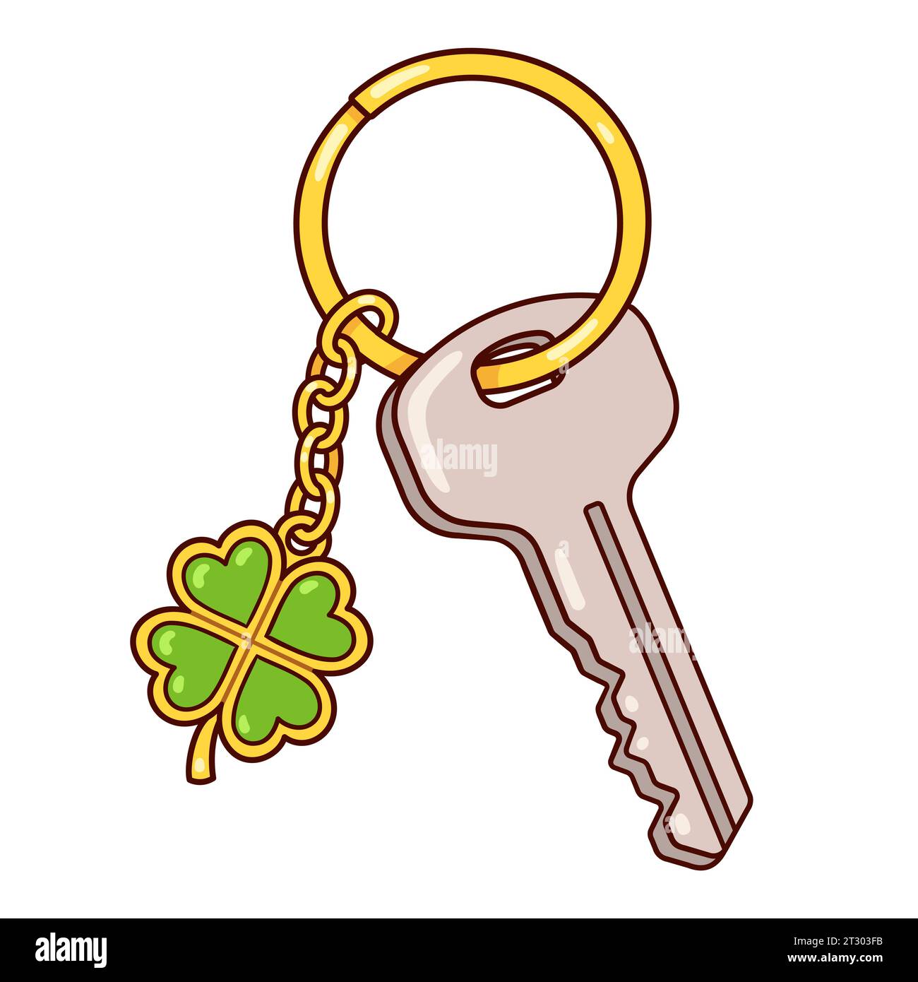 Glückskleeanhänger am Schlüsselanhänger und Schlüsselanhänger mit Hausschlüssel. Zeichentrickzeichnung, isolierte Vektor-Clip-Kunst-Illustration. Stock Vektor