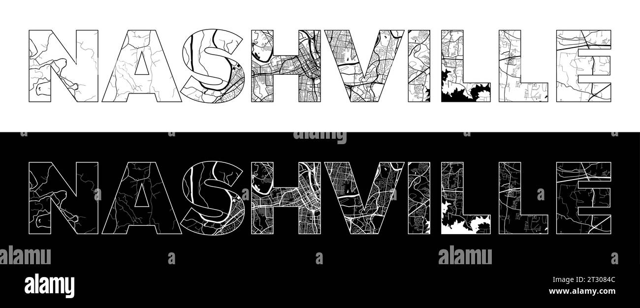 Nashville City Name (USA, Nordamerika) mit schwarz-weißem Stadtkarten-Illustrationsvektor Stock Vektor