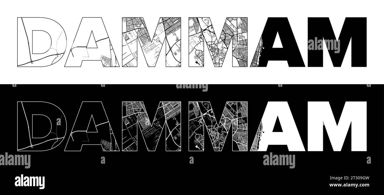 Dammam City Name (Saudi-Arabien, Asien) mit schwarz-weißem Stadtplan Illustrationsvektor Stock Vektor