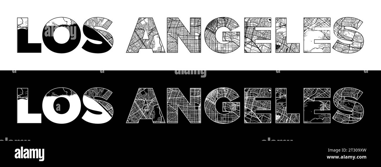Los Angeles City Name (USA, Nordamerika) mit schwarz-weißem Stadtkarten-Illustrationsvektor Stock Vektor