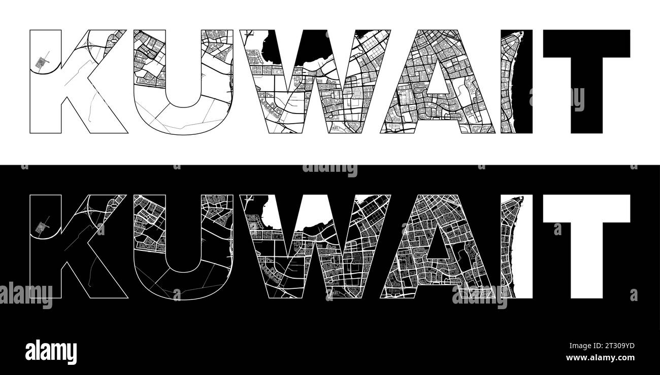 Kuwait City Name (Kuwait, Asien) mit schwarzweißem Stadtplan Illustrationsvektor Stock Vektor