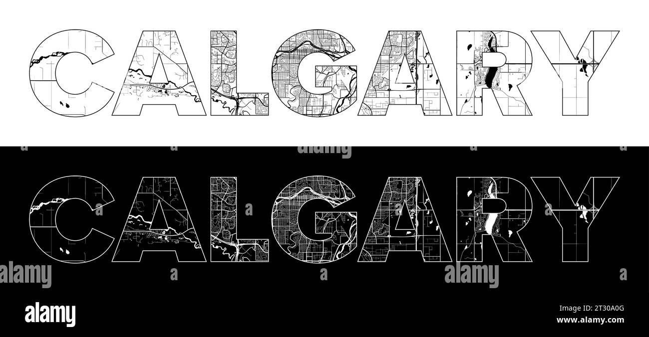 Calgary City Name (Kanada, Nordamerika) mit schwarzweißem Stadtplan Illustrationsvektor Stock Vektor