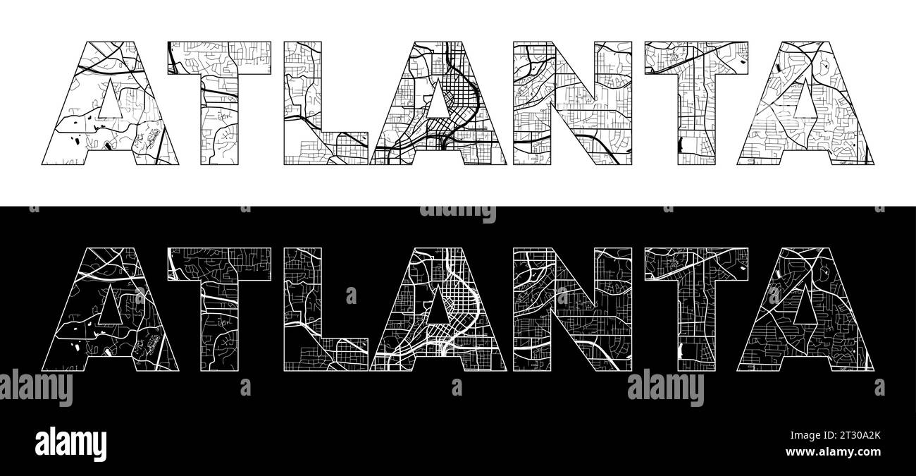 Atlanta City Name (USA, Nordamerika) mit schwarz-weißem Stadtkarten-Illustrationsvektor Stock Vektor