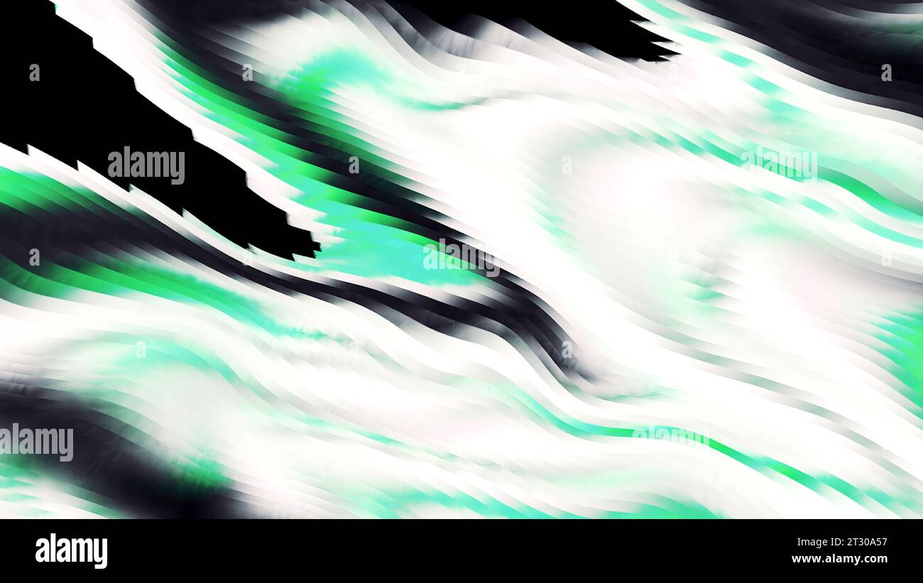 Bewegter Hintergrund mit einem Strom von Computerkräuseln. Bewegung. Bunte Flüssigkeitswelligkeit auf schwarzem Hintergrund. Glitcheffekt schnell bewegter Flüssigkeit Stockfoto