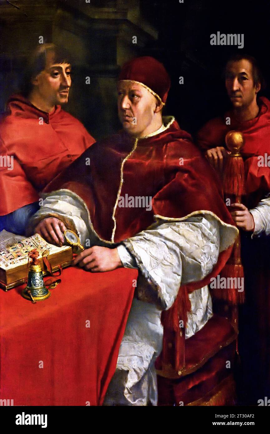 Porträt von Papst Leo X. mit Kardinal Giulio de' Medici und Luigi de' Rossi von Andrea del Sarto, 1486-1530, Florenz, Italienisch. Museum, Italien, Stockfoto