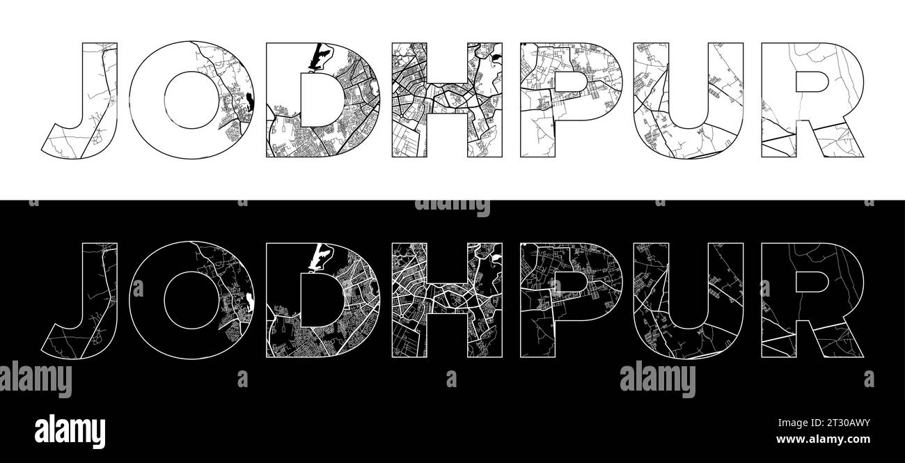 Jodhpur City Name (Indien, Asien) mit schwarzweißem Stadtplan Illustrationsvektor Stock Vektor