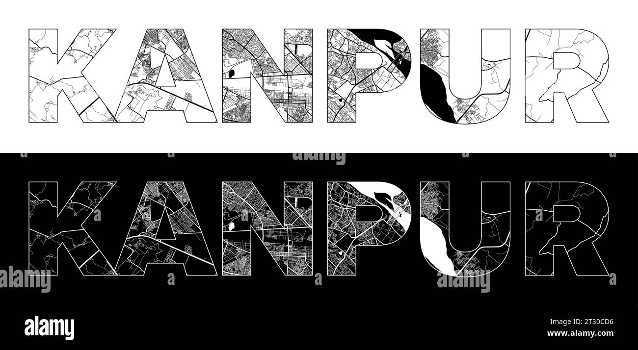 Kanpur City Name (Indien, Asien) mit schwarzweißem Stadtplan Illustrationsvektor Stock Vektor