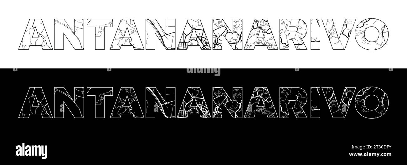 Antananarivo City Name (Madagaskar, Afrika) mit schwarzweißem Stadtplan Illustrationsvektor Stock Vektor