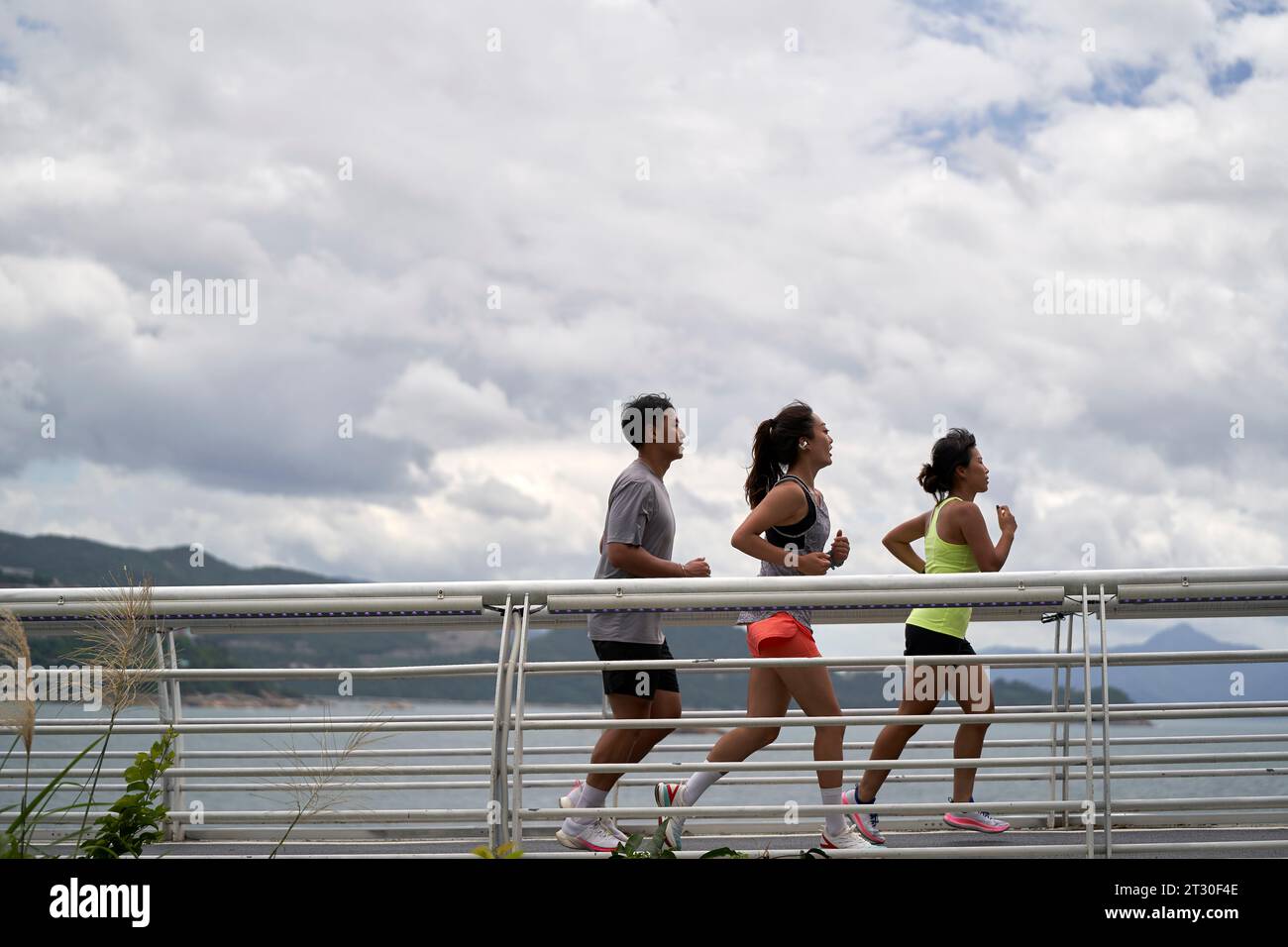 Drei junge asiatische Erwachsene Jogger, die draußen im Park am Meer trainieren Stockfoto