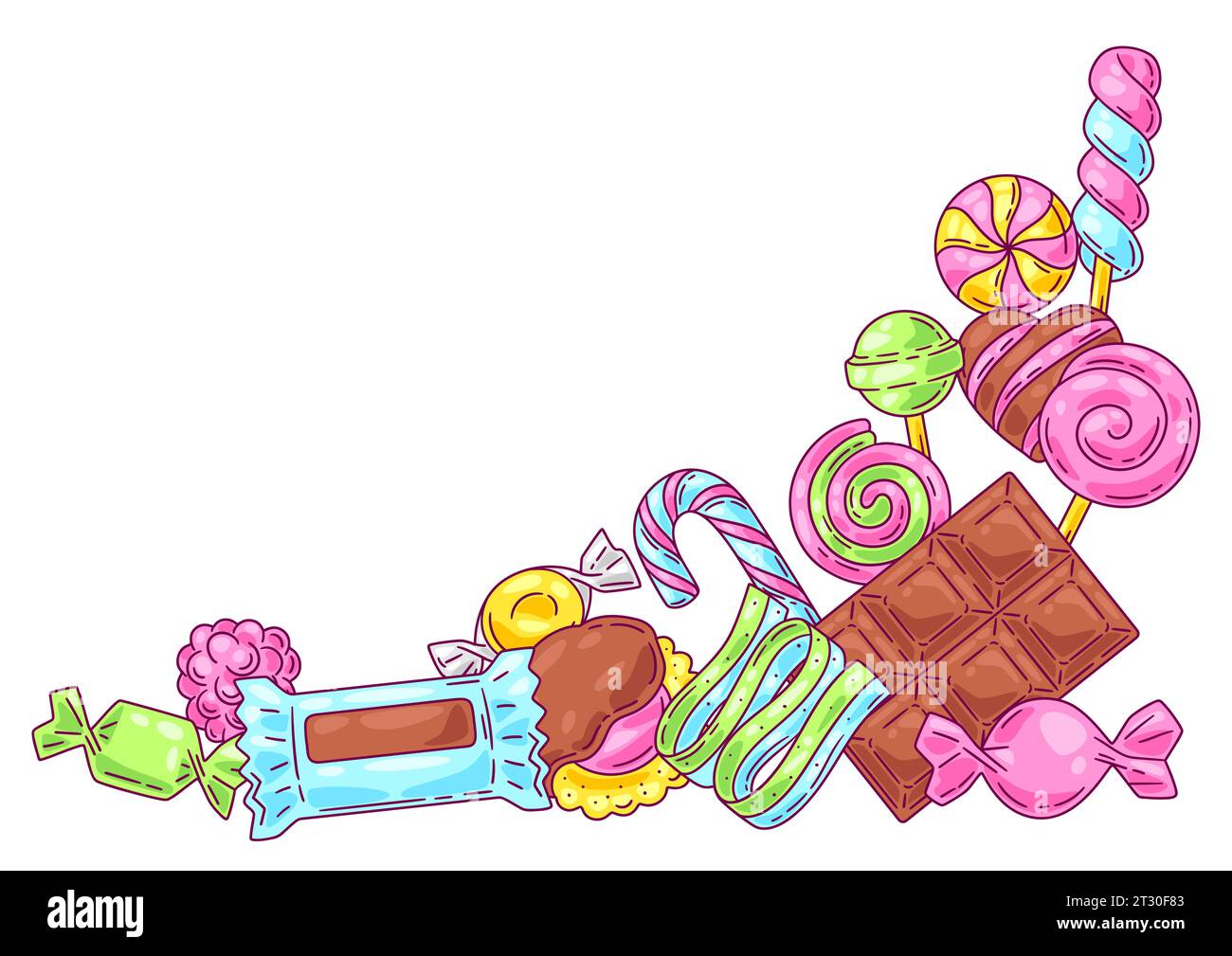 Hintergrund mit Süßigkeiten und Süßigkeiten. Design für Süßwaren oder Süßwarenladen. Stock Vektor