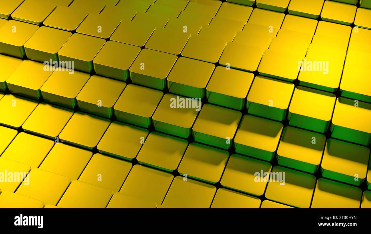 Gelbe kleine Quadrate. Design. Die Linien des Designers sind in Quadrate unterteilt, die in Computergrafiken hergestellt werden und steigen und fallen. Stockfoto