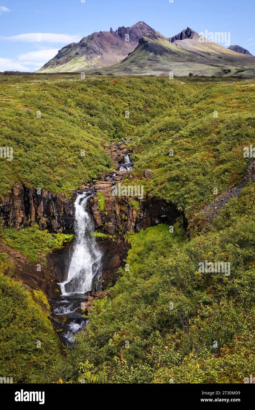 Magnusarfoss Wasserfall stürzt in den Bergen im Vatnajokull Nationalpark in Island. Stockfoto