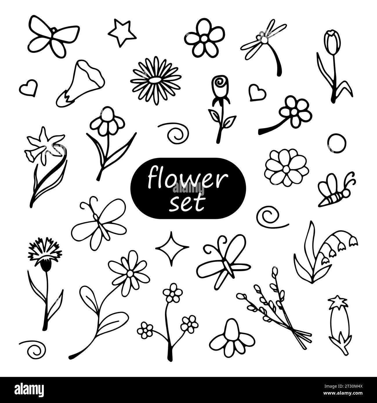 Set mit Doodle-Blumen und Schmetterlingen Stock Vektor