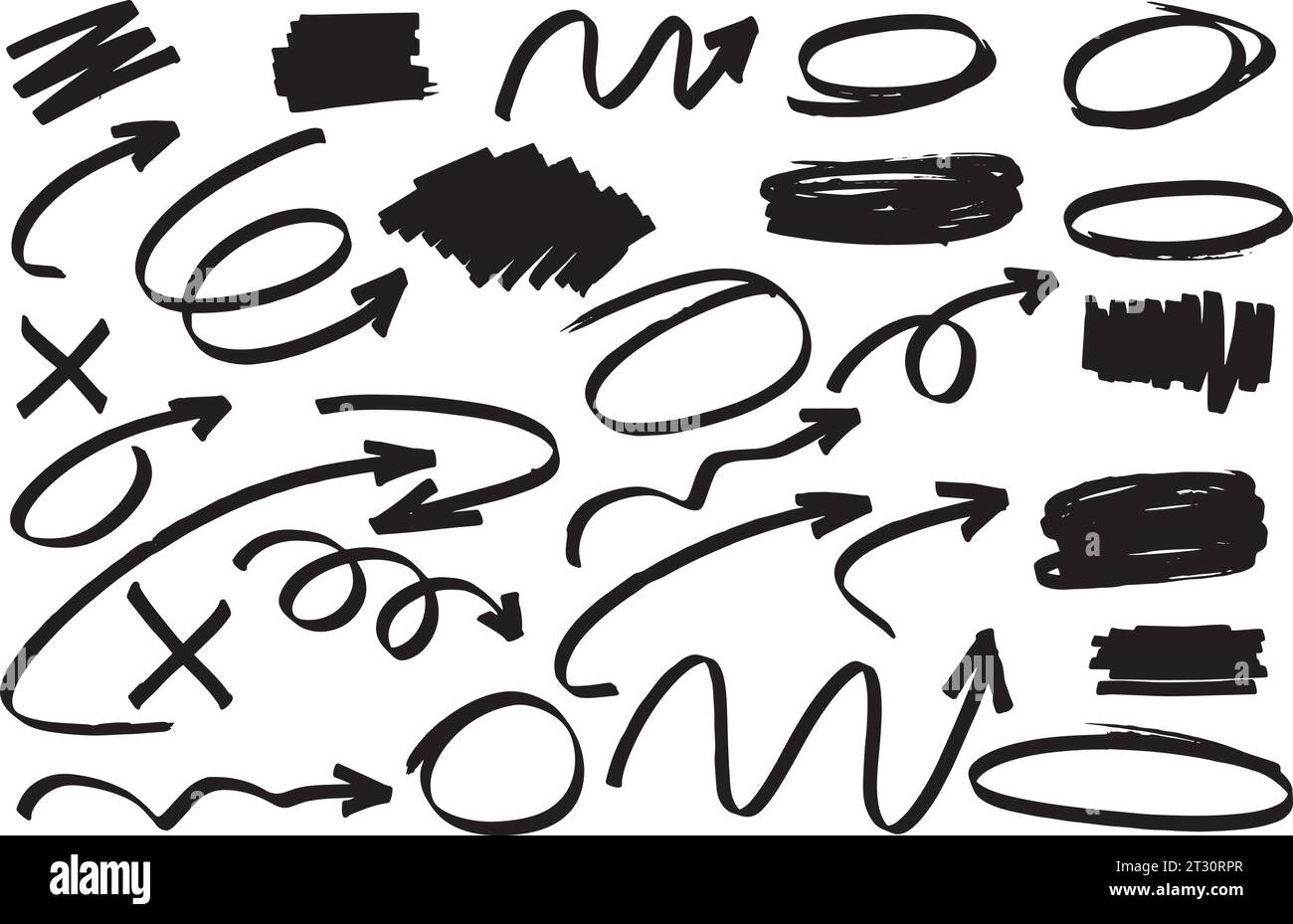 Markierstift-Markierungen verschiedener Formen. Runde kalligraphische Formen, Pfeilformen, Designressourcen mit echten losen und energetischen Bewegungen verschiedener Pfeile Stock Vektor