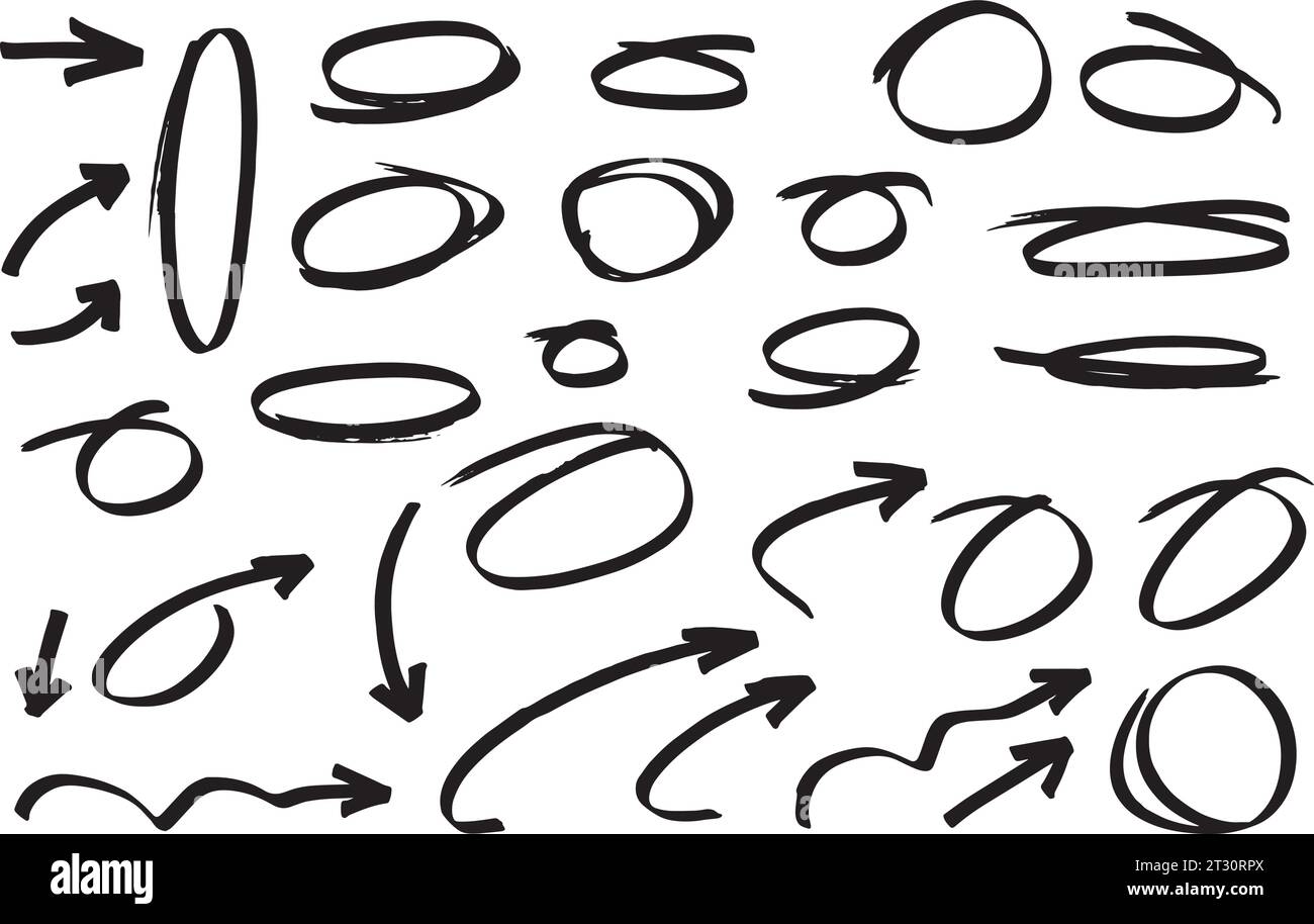 Markierstift-Markierungen verschiedener Formen. Runde kalligraphische Formen, Pfeilformen mit losen Strichen, Designressourcen mit echten losen und energetischen Strichen. Stock Vektor