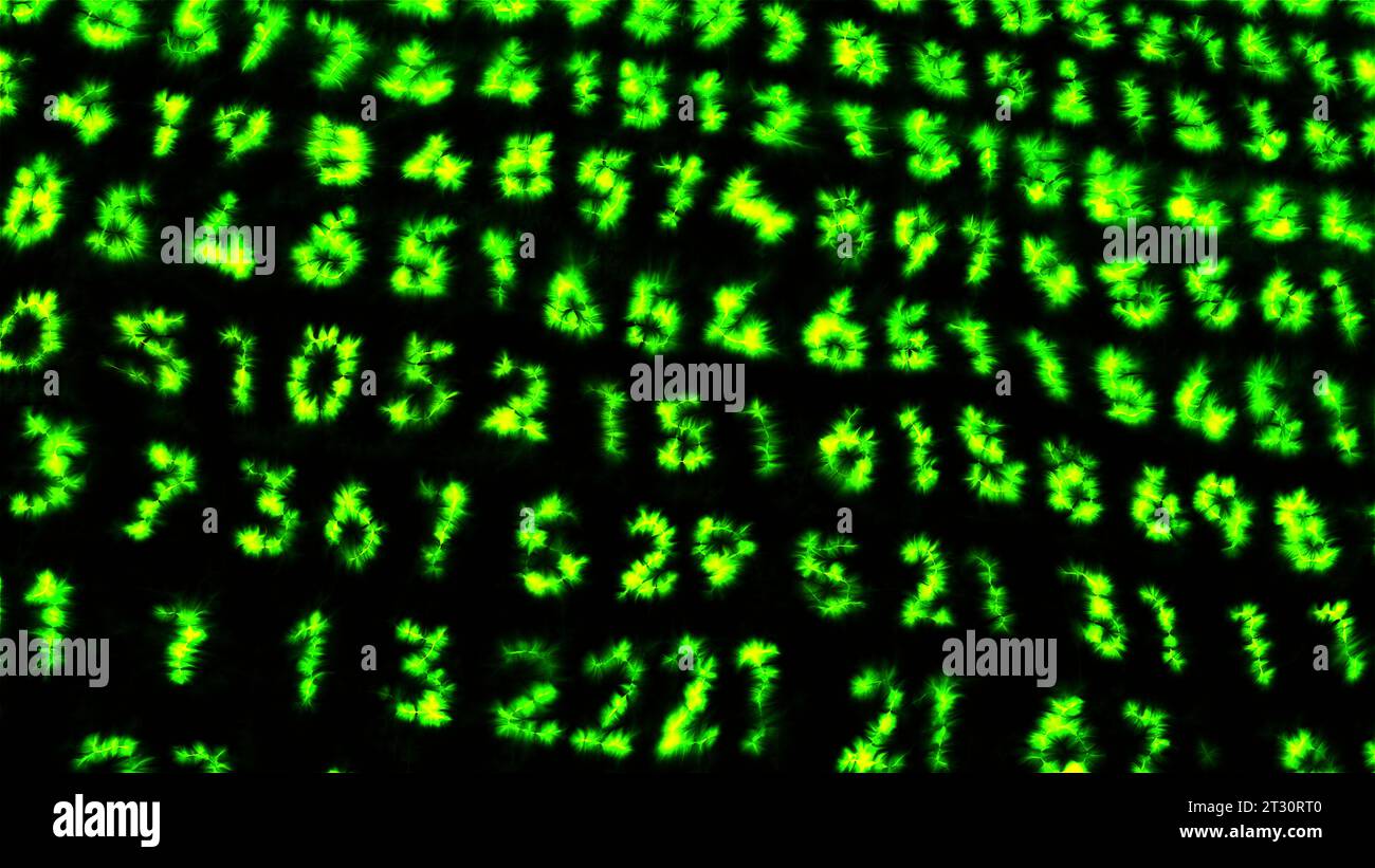 Grüne und blaue Zahlen mit Hintergrundbeleuchtung in der Animation. Bewegung. Ein schwarzer Hintergrund, auf dem ein langer Code gewöhnlicher Zahlen geschrieben ist. Stockfoto
