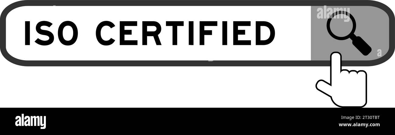 Suchbanner in iso-zertifiziertem Wort mit Symbol für die Übergabellupe auf weißem Hintergrund Stock Vektor