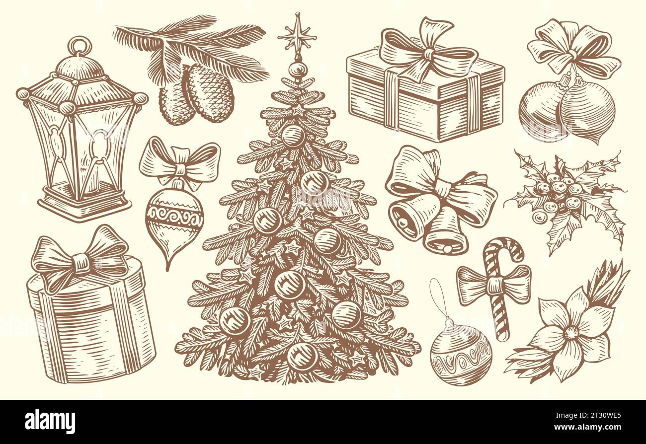 Weihnachten, Neujahr Set mit Retro-Objekten im Skizzenstil. Vintage Hand gezeichnet Winter Urlaub Konzept Vektor Illustration Stock Vektor