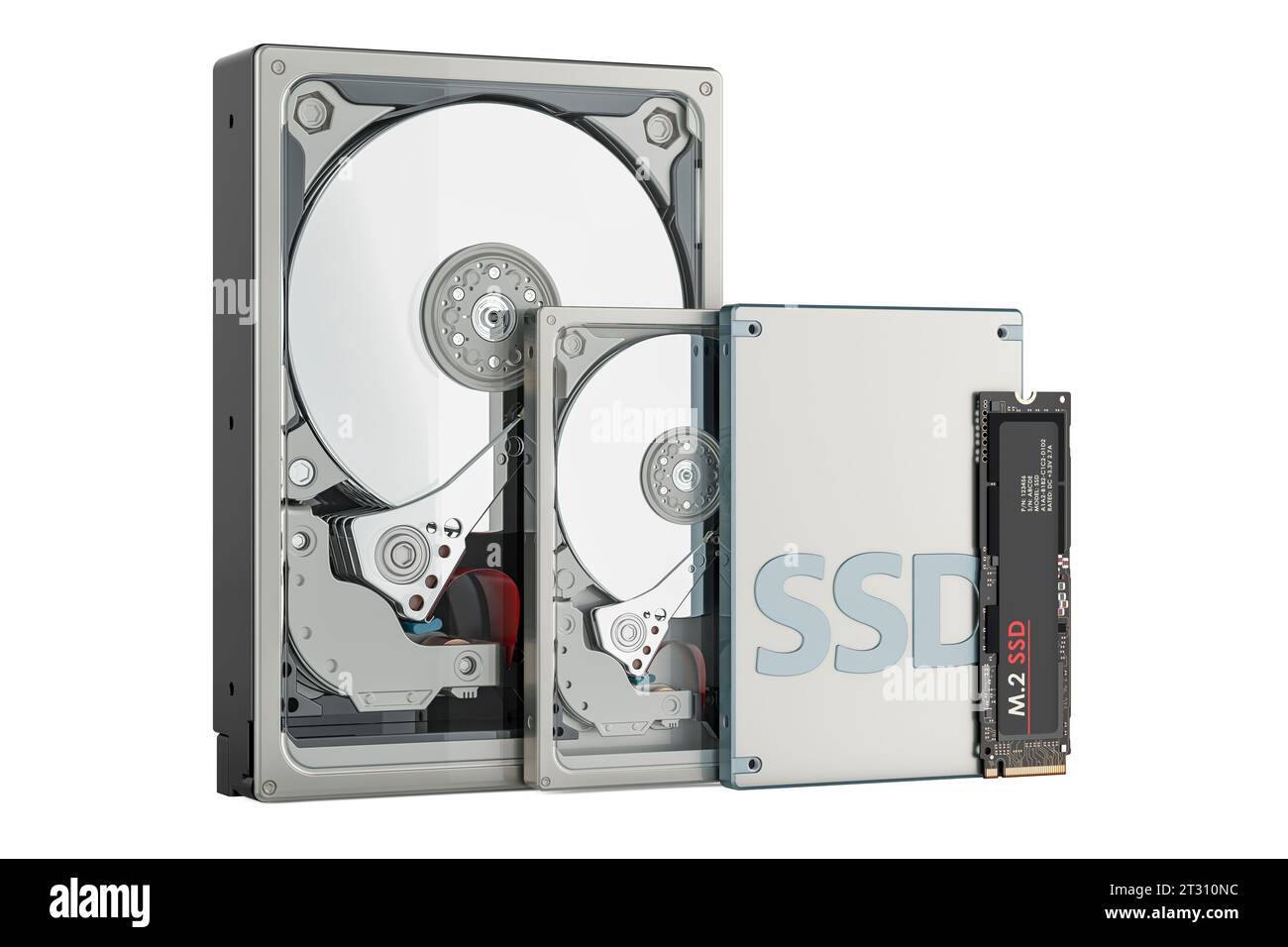 Solid-State-Laufwerk SSD, Festplatte HDD 3,5 Zoll, HDD 2,5 Zoll für Laptop und M2 SSD, 3D-Rendering isoliert auf weißem Hintergrund Stockfoto