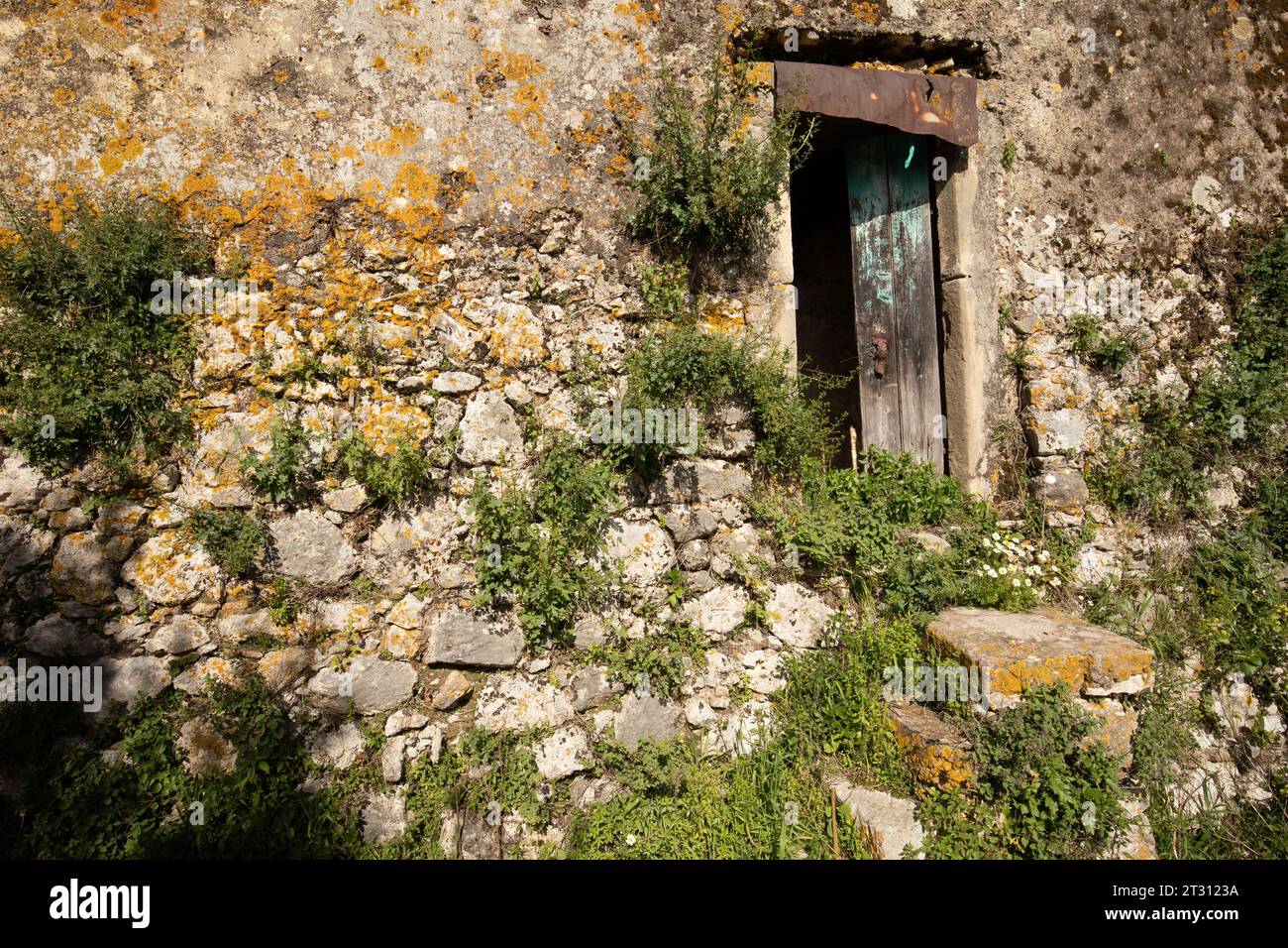 Ein verlassenes Haus in einem ländlichen Teil von Korfu, wo die Auswirkungen der ländlichen Verlassenheit offensichtlich sind und Menschen in die Städte ziehen. Die Natur ist der Gewinner. Stockfoto