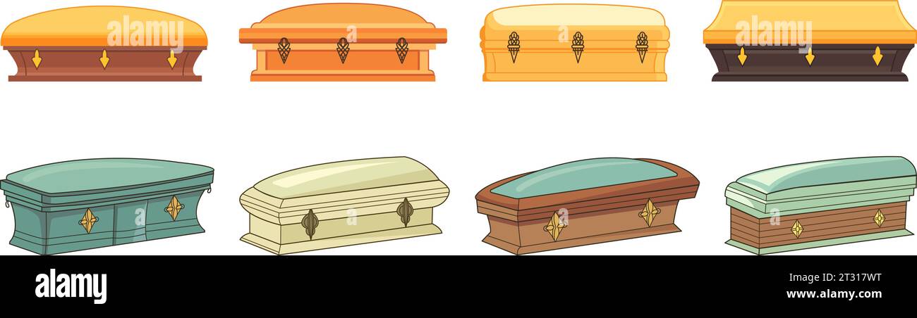 Flache Särge mit unterschiedlicher Aussicht. Isolierter Sarg für Beerdigung oder Laden. Farbenfrohe Holzkisten. Leichenbegräbnissarkophag für pharaon anständig Stock Vektor