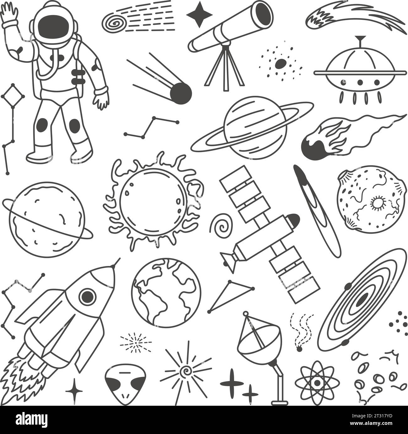 Space Doodle-Elemente. Planeten des Sonnensystems, Astronaut und Raketen. Isolierte Astronomieobjekte, himmlisches grafisches Clipart. Neoterische Vektorsammlung Stock Vektor