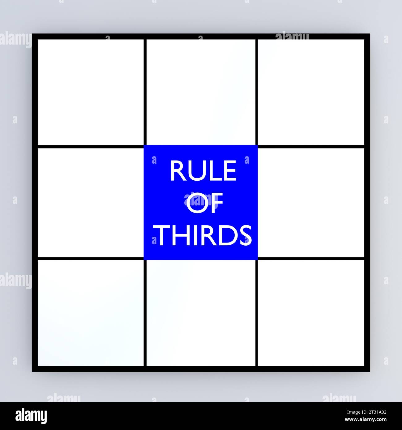 3D-Illustration eines weißen Quadrats, das in neun gleiche Quadrate unterteilt ist, wobei eine blaue Mitte die TEXTREGEL DER DRITTEL enthält. Stockfoto