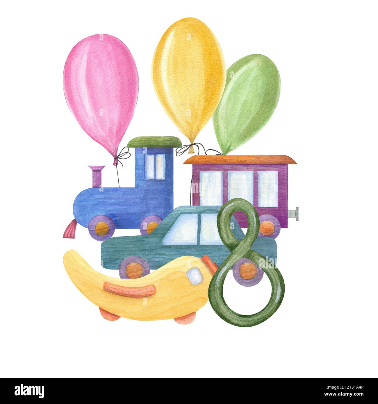 Dampflokomotive mit Wagen, Auto, Flugzeug, bunte Ballons, Nummer 8. Kinderspielzeug aus Holz. Aquarellabbildung. Stockfoto