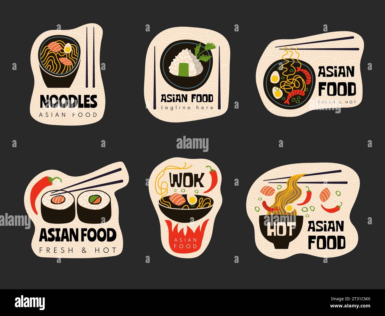 Asiatische Küchenabzeichen. Stilisierte Illustration der asiatischen Cousine mit spezifischen Lebensmitteln Wok Fisch Pfeffer und Nudeln neue Vektorbilder Set Stock Vektor