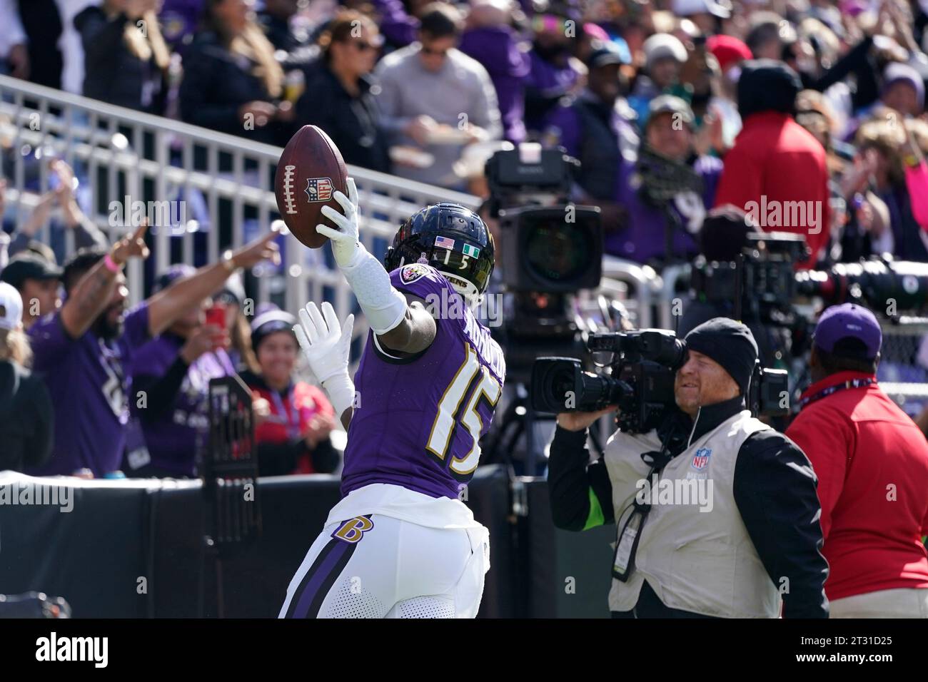 Baltimore Ravens wide receiver Nelson Agholor reacts after his touchdown during the first half of an NFL football game against the Detroit Lions, Sunday, Oct. 22, 2023, in Baltimore. (AP Photo/Alex Brandon) Stockfoto