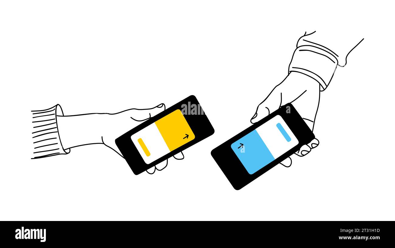 Zwei Hände halten Smartphones und bezahlen. Stock Vektor