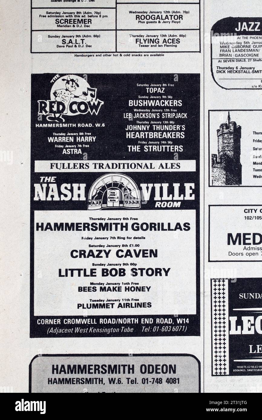 Werbung für lokale Konzerte im NME Music Paper der 1970er Jahre Stockfoto