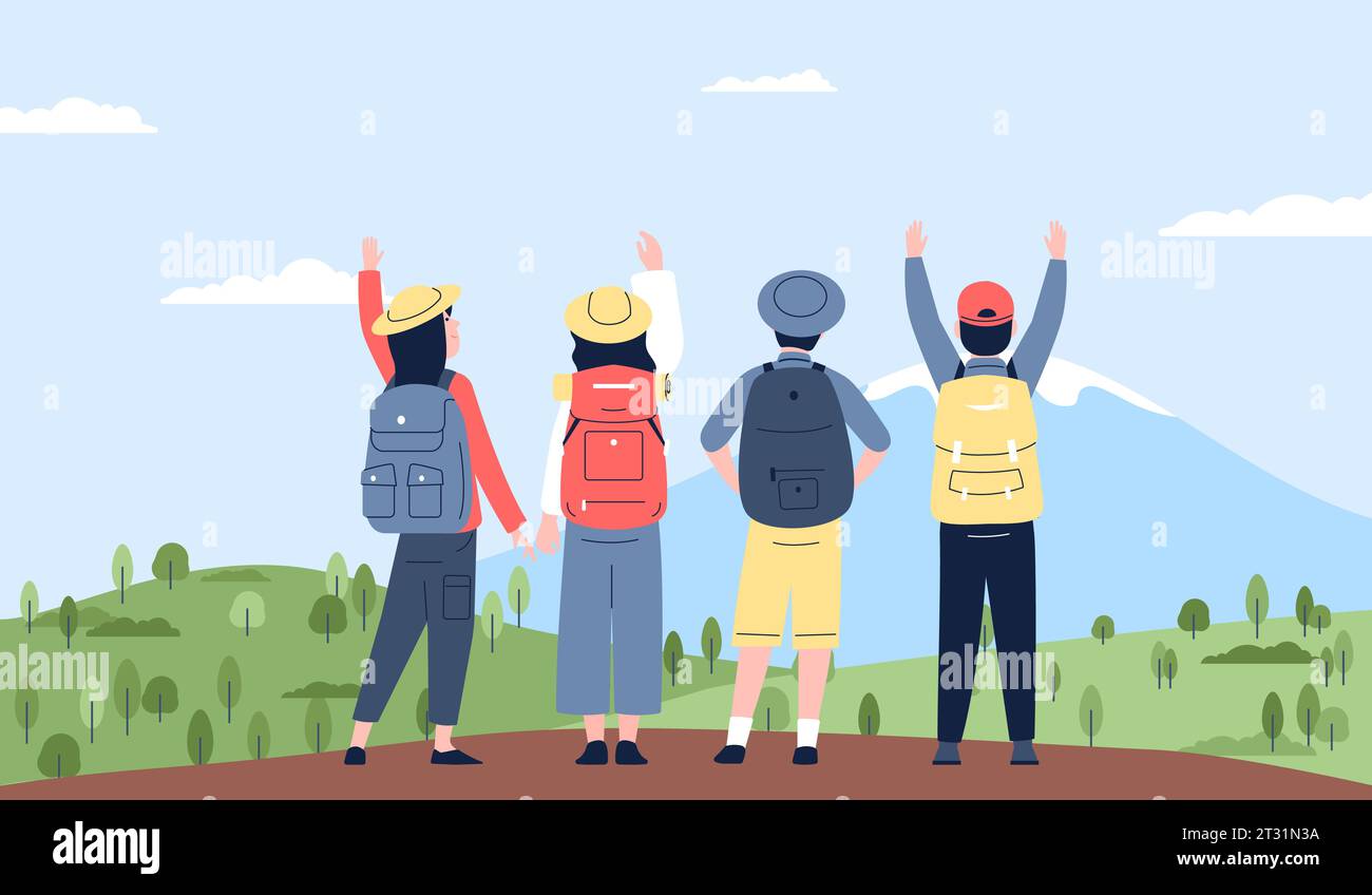 Wanderfreunde auf Felsen. Die Gruppe junger Menschen steht auf dem Berg, die freudige Person ruht auf der Natur. Ziele setzen und erreichen – neue Vektormetapher Stock Vektor