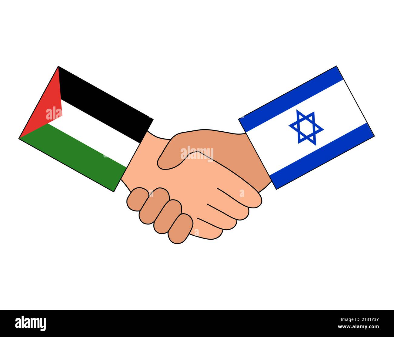 Illustrationszeichnung der palästinensischen und israelischen Flaggen Handshake. Frieden, Einigung und Regierung im Nahen Osten. Stockfoto