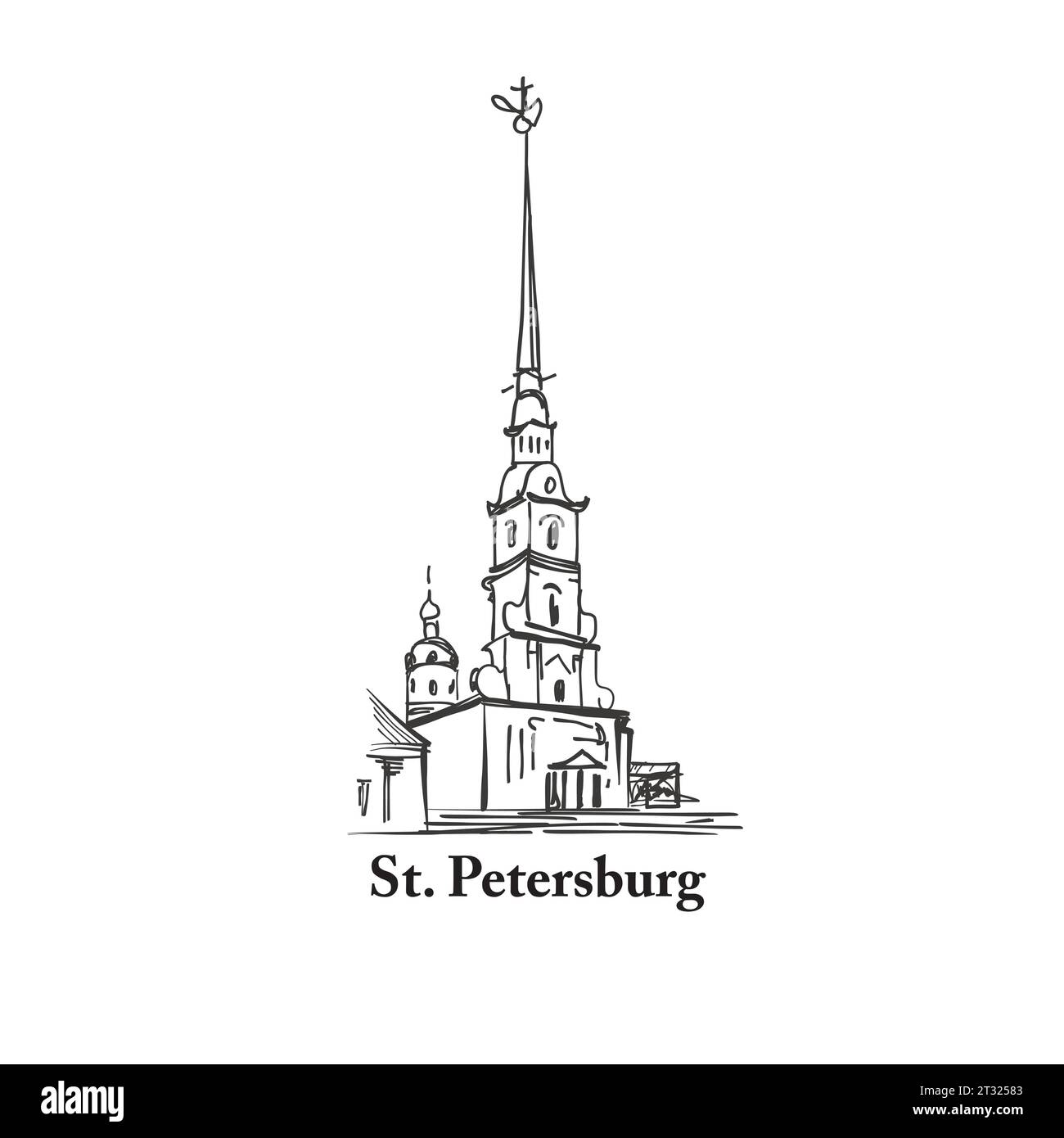 Symbol für das Reiseziel Sankt Petersburg, Russland. Bauskizze der Kathedrale St. Peter und Paul. Russischer Reisehintergrund. Stock Vektor