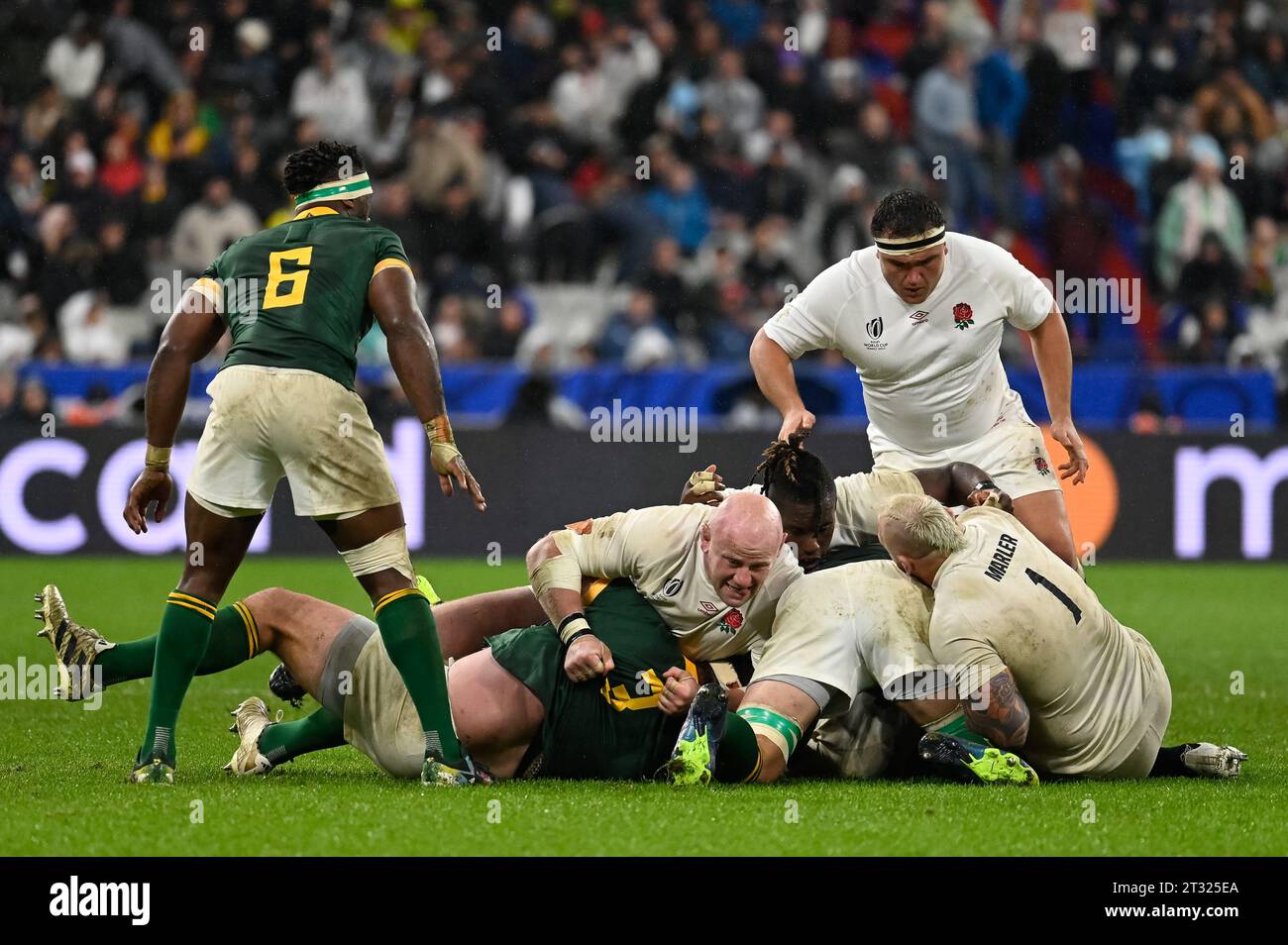 Saint Denis, Frankreich. Oktober 2023. Julien Mattia/Le Pictorium - England - Südafrika - Rugby-Weltmeisterschaft - 21/10/2023 - Frankreich/seine-Saint-Denis/Saint-Denis - Franz Malherbe, Jamie George, Joe Marler, Maro Itoje und Dan Cole im Halbfinale der Rugby-Weltmeisterschaft zwischen England und Südafrika im Stade de France am 21. Oktober 2023. Quelle: LE PICTORIUM/Alamy Live News Stockfoto