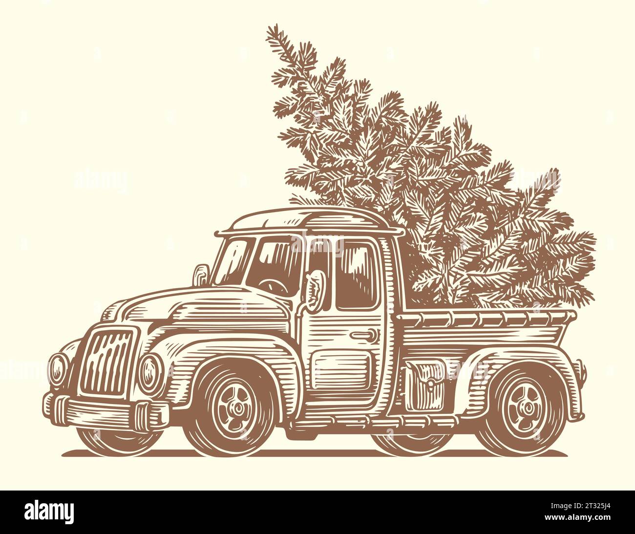 Retro-Truck und Weihnachtsbaum auf der Rückseite eines Autos. Happy Holidays Skizze Vektor Illustration Stock Vektor