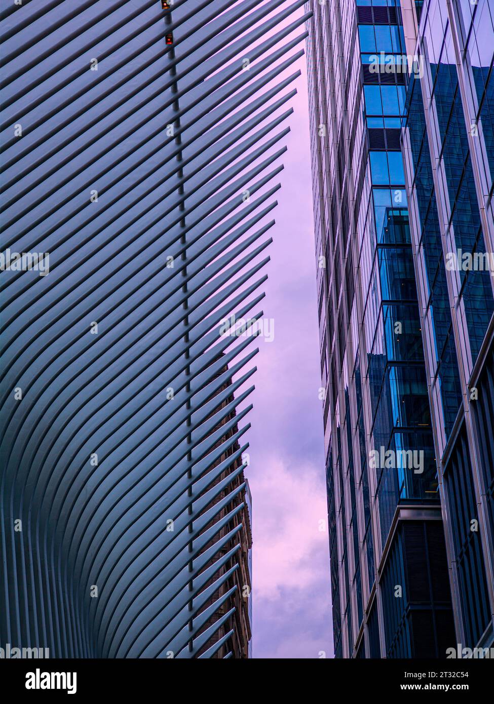 Ich schaue auf zwei New Yorker Gebäude und sah den Himmel mit einem violetten Farbton Stockfoto