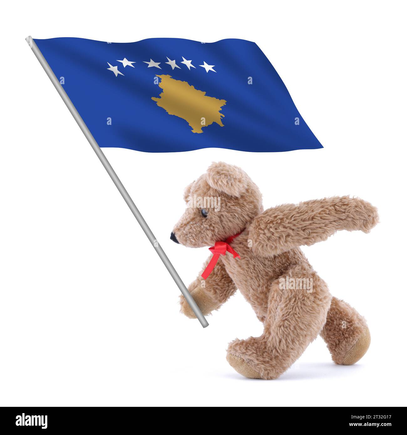 Die Kosovo-Flagge wird von einem süßen Teddybären getragen Stockfoto