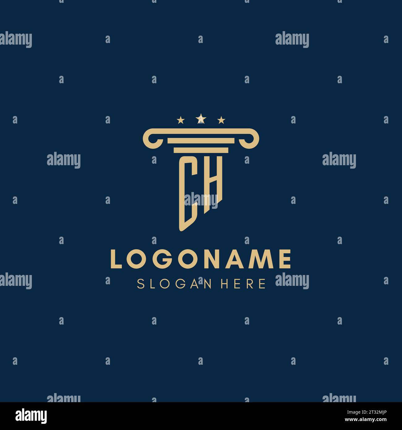 CH-Monogramm-Logo mit Säule und Sternen, Inspiration für das Design von Anwaltskanzleien Stock Vektor