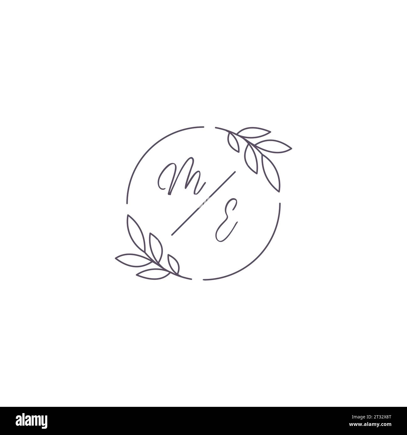 Initialen ME Monogramm Hochzeitslogo mit einfacher Blattkontur und kreisförmiger Vektorgrafik Stock Vektor