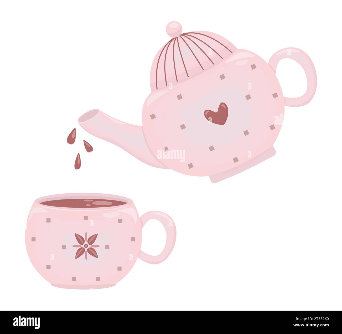 Heißes Schokoladengetränk in rosa Teekanne und Tasse, süße Vektor-Illustration Stock Vektor