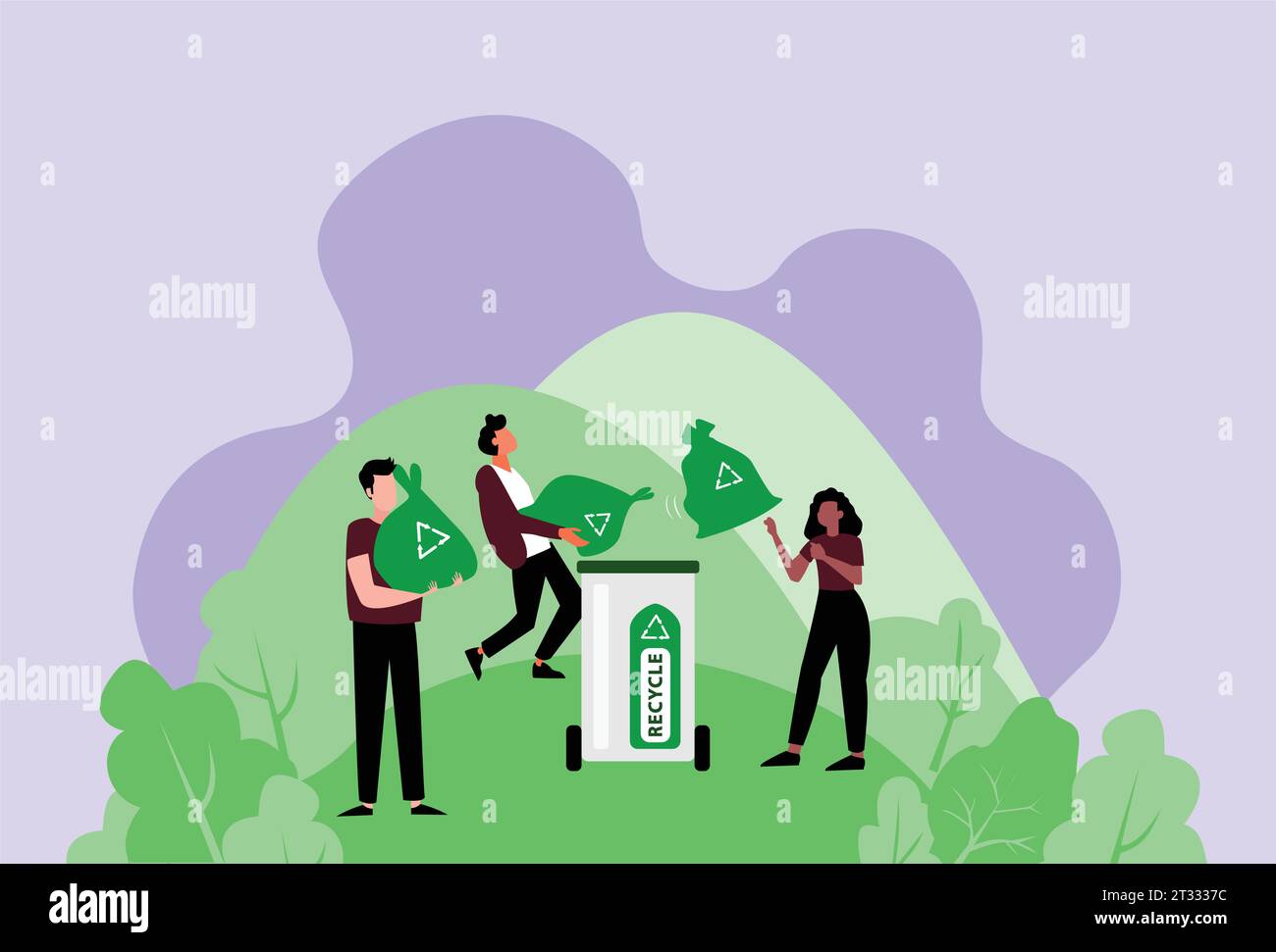 Recycling von Menschen, Müllbeseitigung, Müllabfuhr, Reduzierung von Treibhausgasen, Reduzierung des CO2-Fußabdrucks, Bekämpfung Des Klimawandels, Sustainabili Stock Vektor