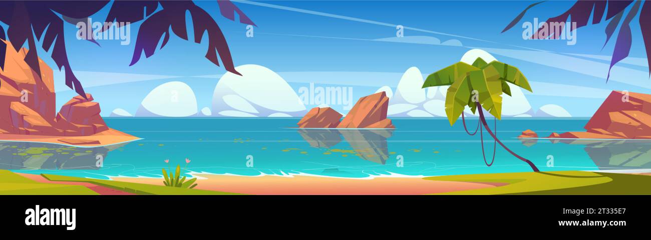 Sonniges Meer mit Palmen am Sandstrand. Vektor-Karikaturillustration des schönen Meerblick, tropische Natur mit exotischen Blumen und grünem Gras, Stock Vektor