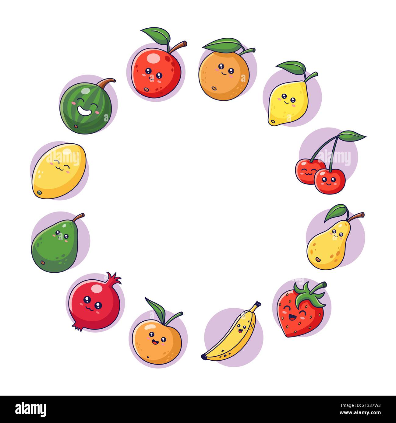 Süße Kawaii-Früchte im Cartoon-Stil. Obstsammlung. Obstsymbole, Aufkleber, Maskottchen. Fruchtzeichen. Kreisförmige Rahmenvorlage. Vektorillust Stock Vektor