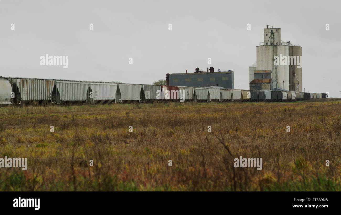 Güterzüge und Trichterwagen parkten an einem Abstellgleis in der Nähe eines Getreideaufzugs vor einer kleinen Stadt in Nebraska an einem grauen und düsteren Tag. Stockfoto
