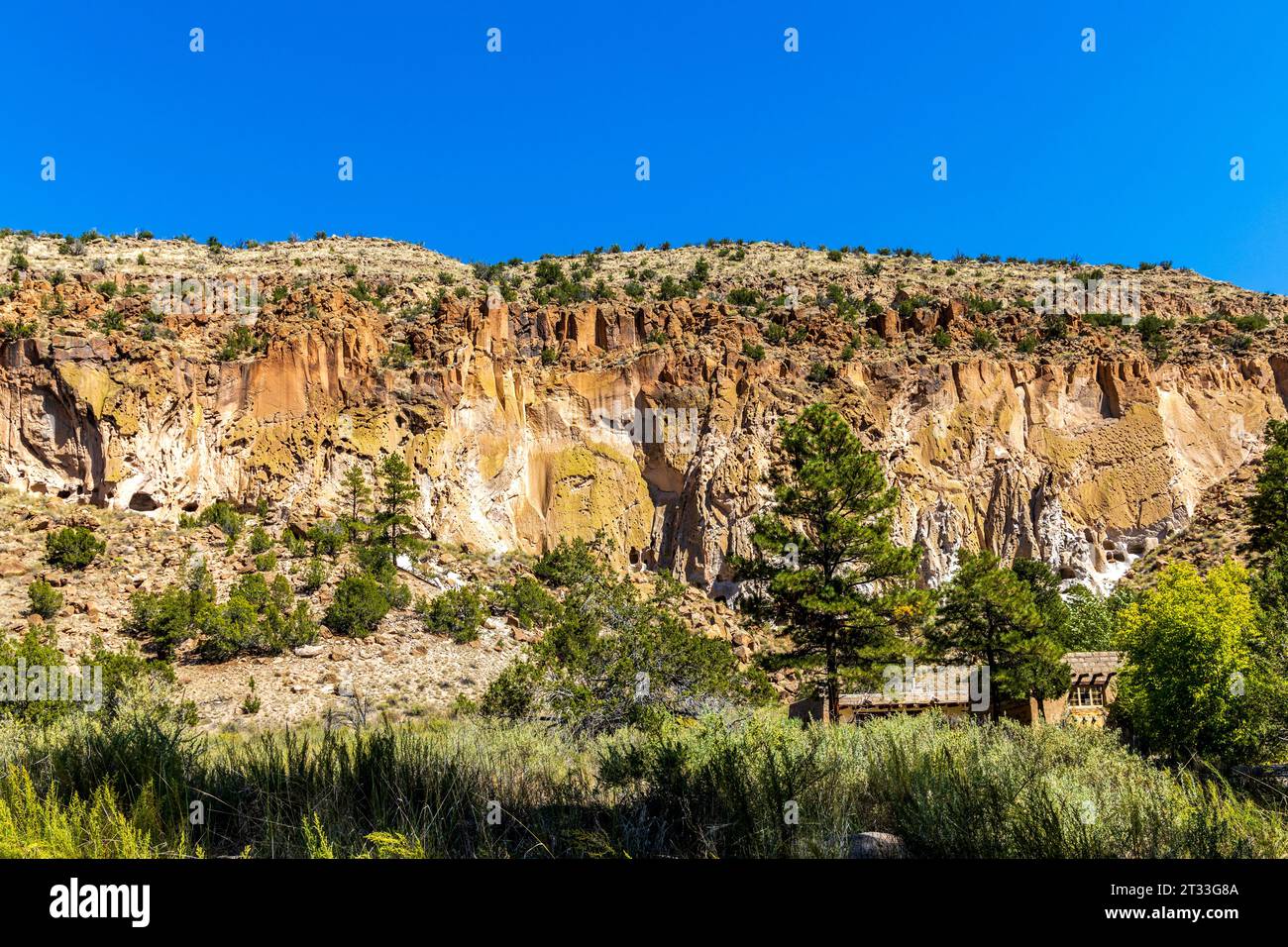 Bandelier National Monument in der Nähe von Los Alamos, New Mexico. Das Denkmal bewahrt die Häuser und das Territorium der angestammten Puebloans Stockfoto