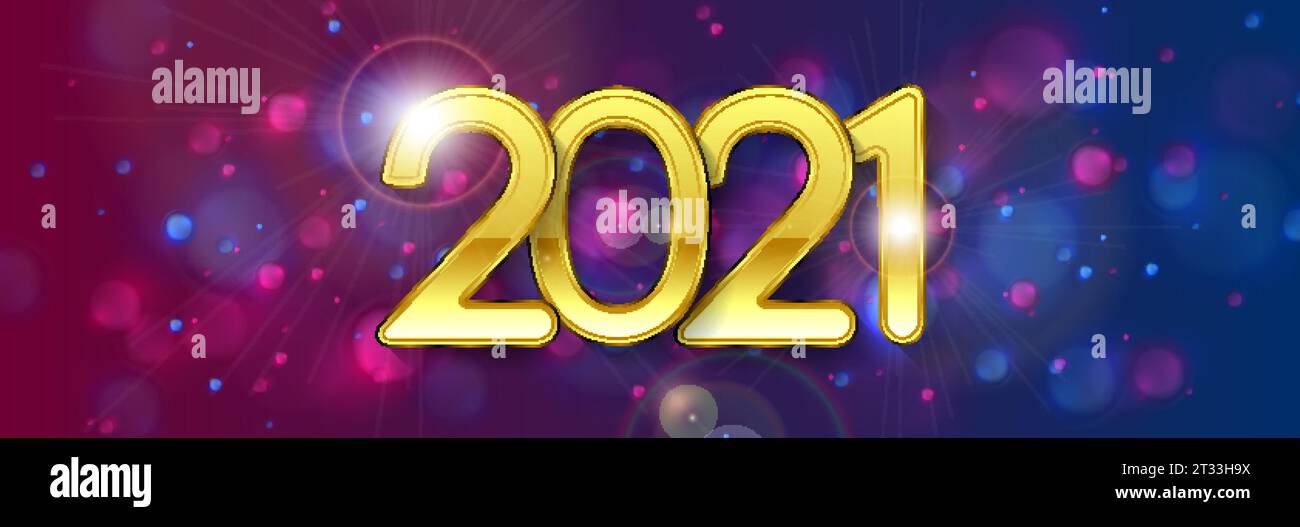 Goldener 2021-Schriftzug auf blauem lila Weihnachtsbokeh-Hintergrund. Abstrakte Neujahrsgrußkarte Vektordesign Stock Vektor