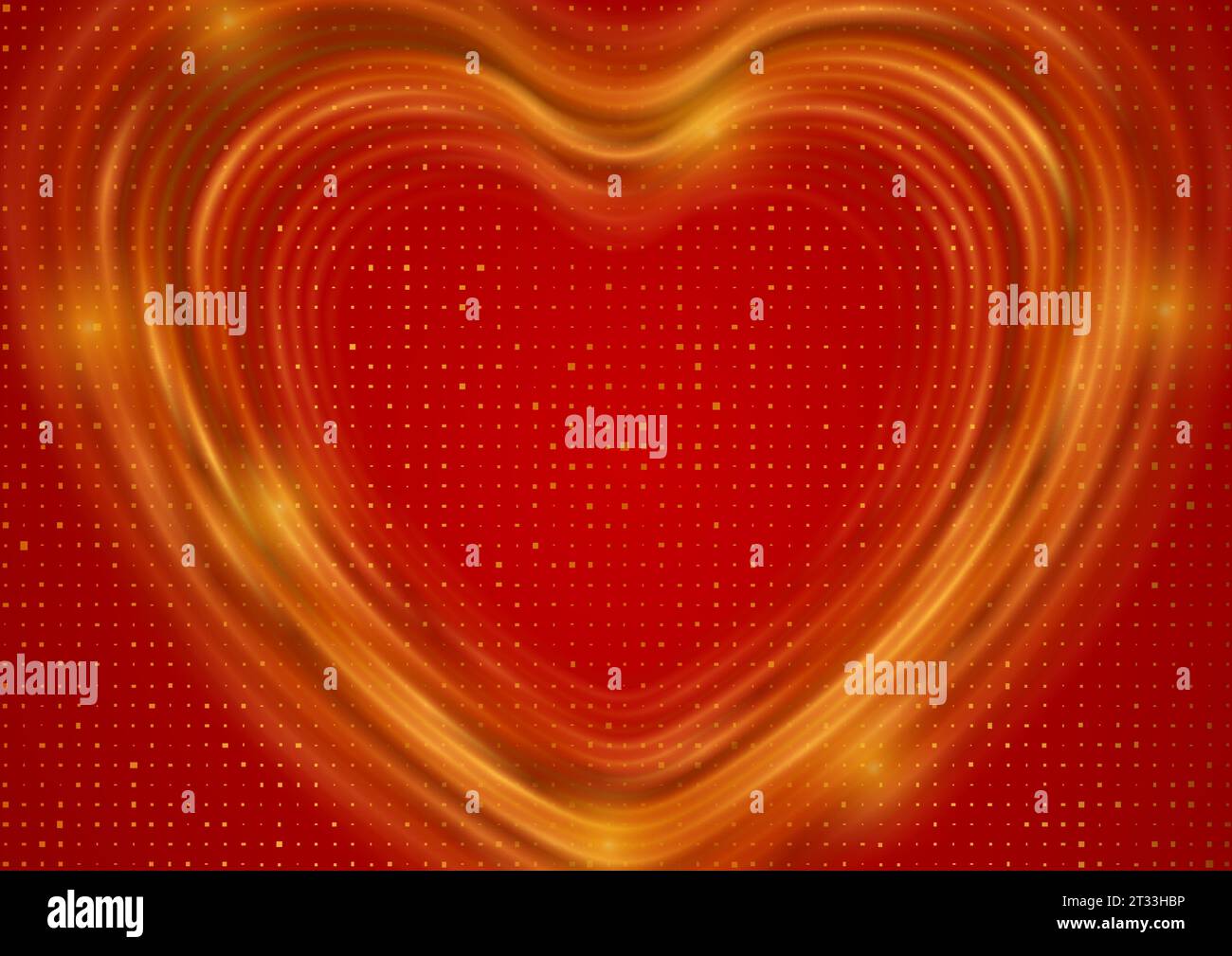 Goldene, glatte Herzen und Glitzerpunkte auf rotem Hintergrund. Abstrakte Grußkarte zum Valentinstag. Vektorabbildung Stock Vektor